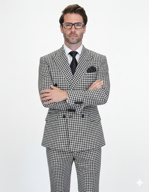 Double Breasted Suits - Vested Suits Wool Fabric - Black Houndstooth Suit by USA Men's Outlet