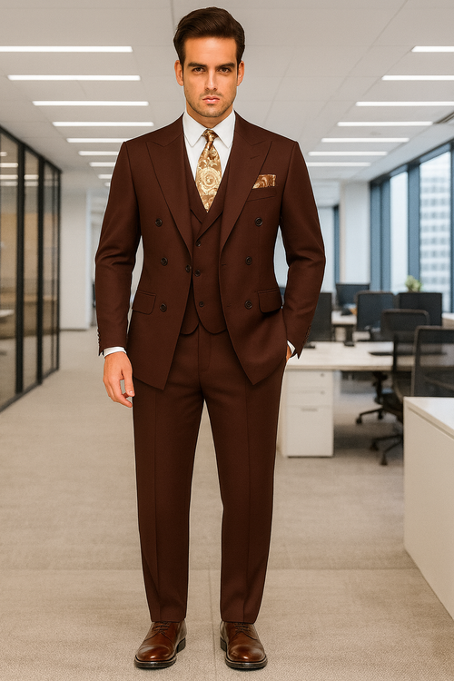 Double Breasted Suits - Vested Suits - Solid Brown Suit - Vested 3 Piece Modern Fit Suit