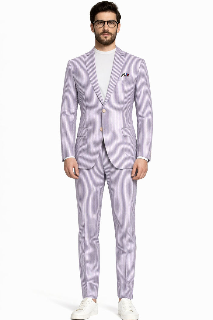 Mens Lavender Seersucker Suit Blazer + Pants Cotton Fabric - Summer Fabric by USA Men's Outlet