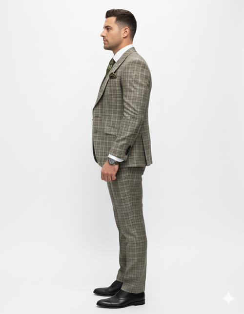 Statement Suits - Wool Suits - Peak Lapel Suits - Ticket Pocket - Modern Fit - Olive Suit by Men's Tuxedo USA