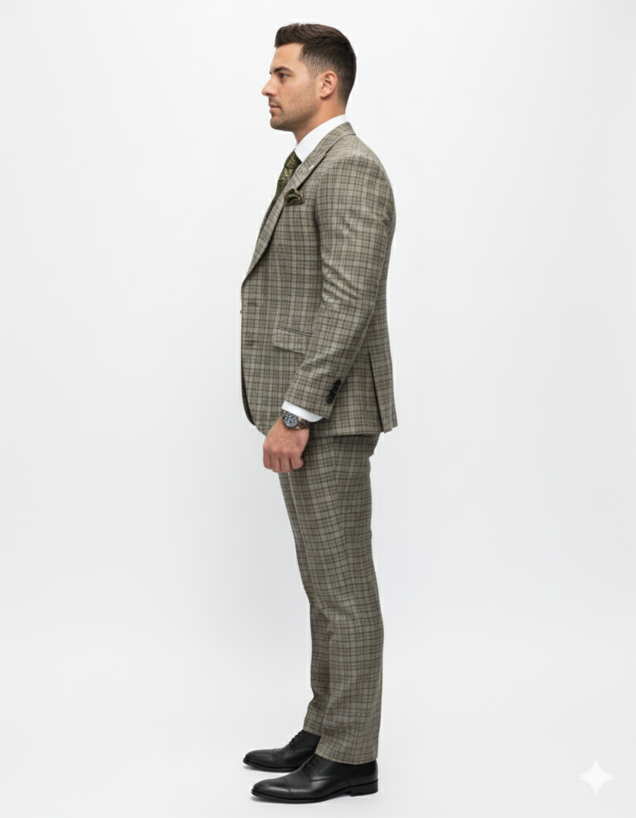 Statement Suits - Wool Suits - Peak Lapel Suits - Ticket Pocket - Modern Fit - Olive Suit by Men's Tuxedo USA