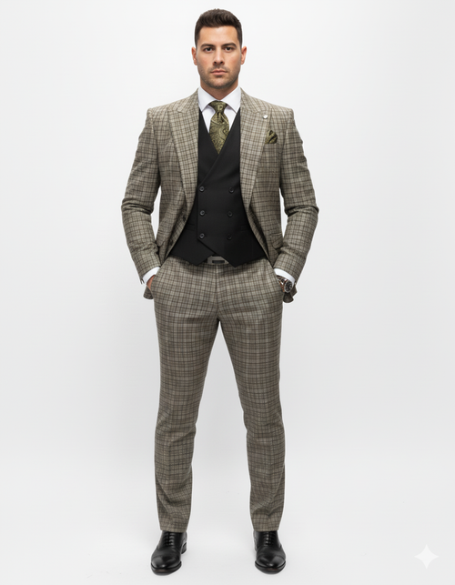 Statement Suits - Wool Suits - Peak Lapel Suits - Ticket Pocket - Modern Fit - Olive Suit by Men's Tuxedo USA