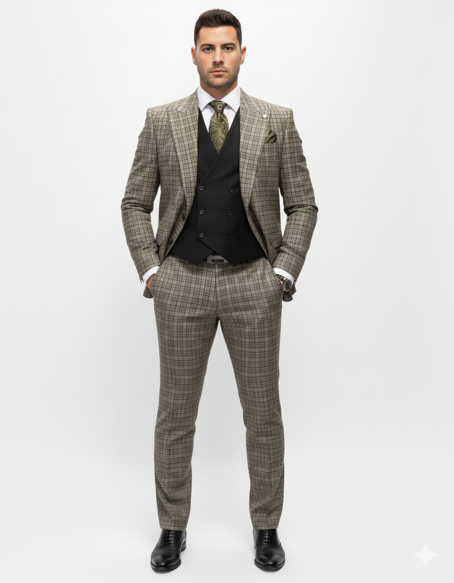 Statement Suits - Wool Suits - Peak Lapel Suits - Ticket Pocket - Modern Fit - Olive Suit by Men's Tuxedo USA