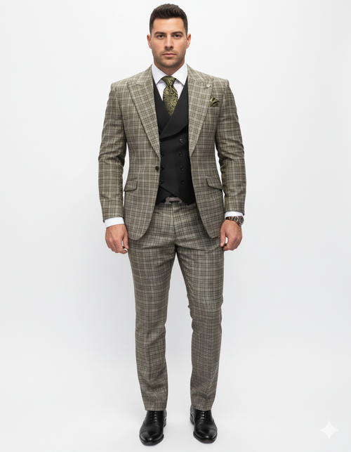 Statement Suits - Wool Suits - Peak Lapel Suits - Ticket Pocket - Modern Fit - Olive Suit by Men's Tuxedo USA