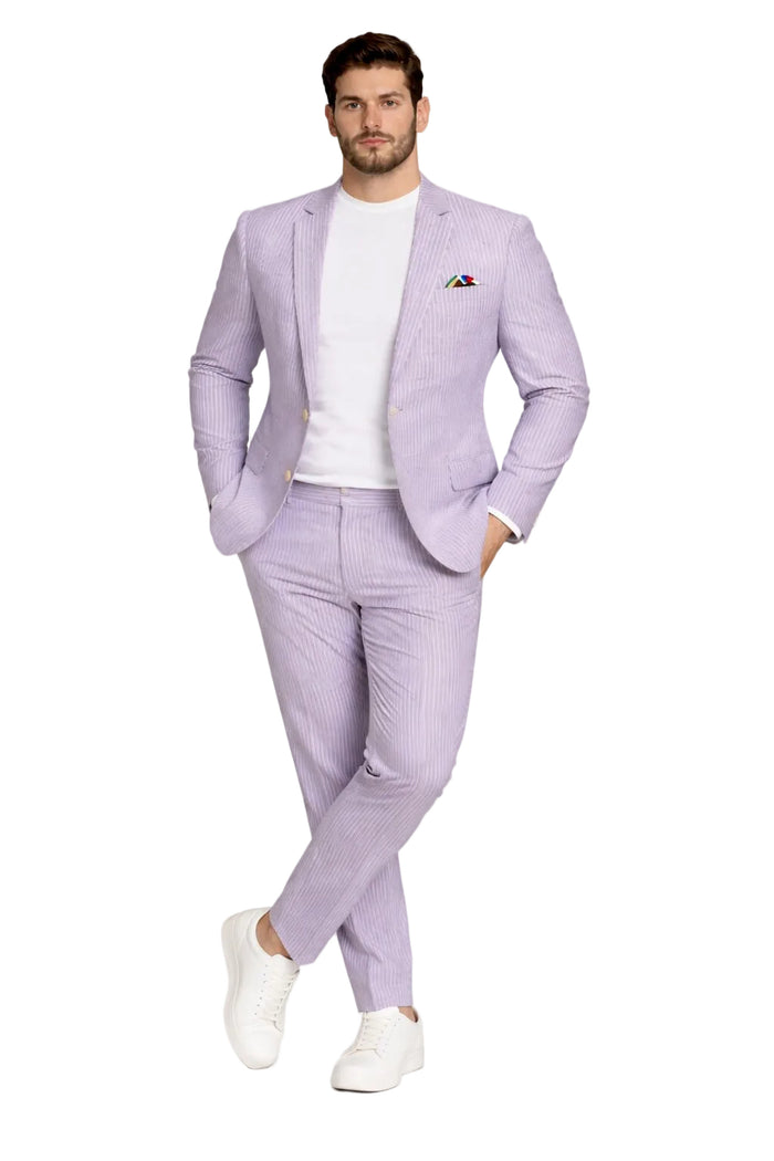 Mens Lavender Seersucker Suit Blazer + Pants Cotton Fabric - Summer Fabric by USA Men's Outlet