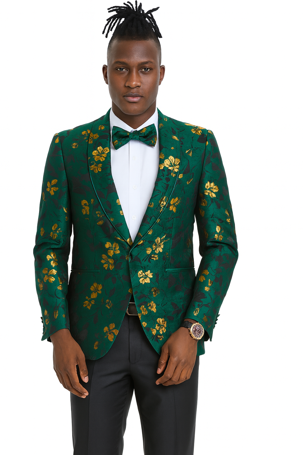Men's slim fit hunter green and gold paisley prom and wedding tuxedo jacket