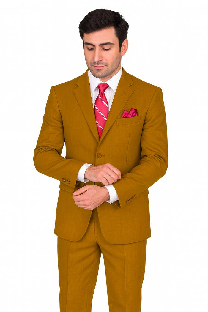 Mens 3 Button Classic Fit Poplin Suit in Tan by Fortino Landiin