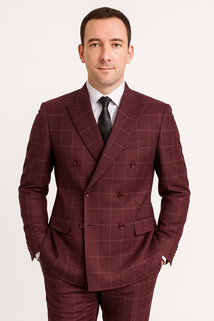 Naples Collection - Blue Modern Fit Double Breasted Windowpane Peak Lapel 2 Piece Suit by Vinci