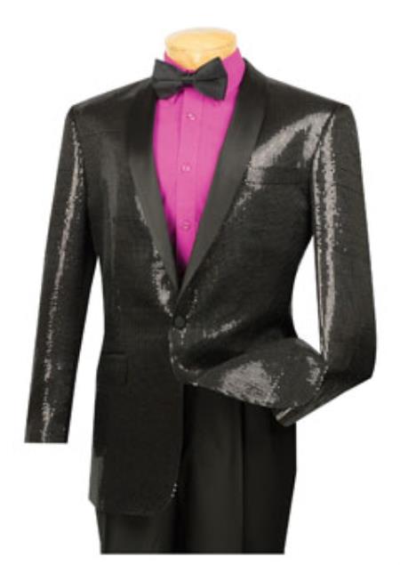 Men's 1 Button Black Shawl Collar Sequin Blazer Black mensusain