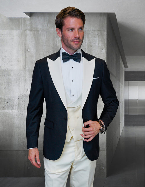 Mens Wool Vested Wide Contrast Peak Black and Ivory Wedding Tuxedo by Statement