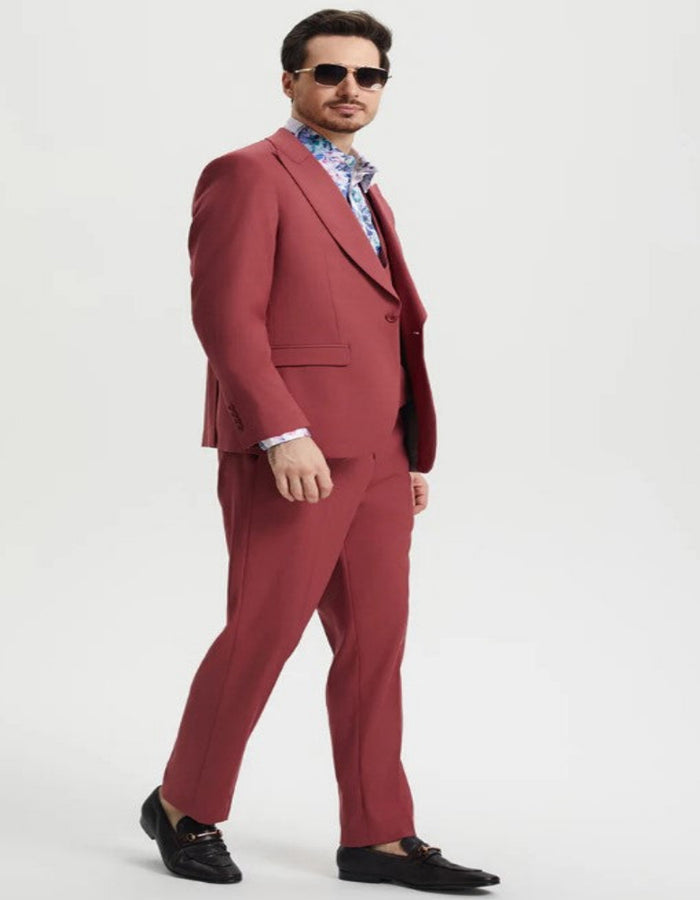 Men's One Button Peak Lapel Side Vent Flat Front Pant Suit in Coral Blush Pink by USA Men's Outlet