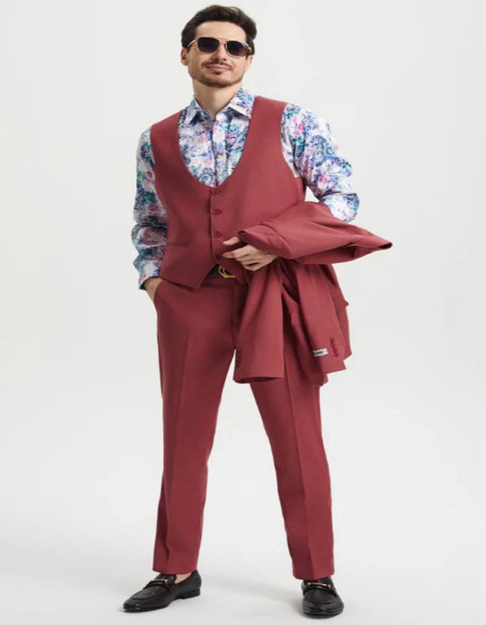 Men's One Button Peak Lapel Side Vent Flat Front Pant Suit in Coral Blush Pink by USA Men's Outlet