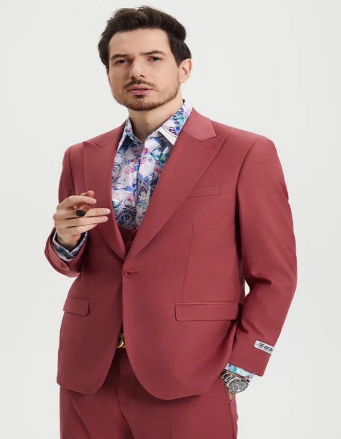 Men's One Button Peak Lapel Side Vent Flat Front Pant Suit in Coral Blush Pink by USA Men's Outlet