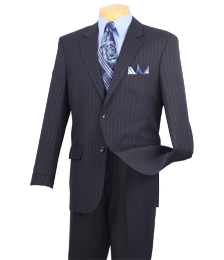 Men's 2 Button Dark Navy Blue Suit For Men Pinstripe Suit by Vinci