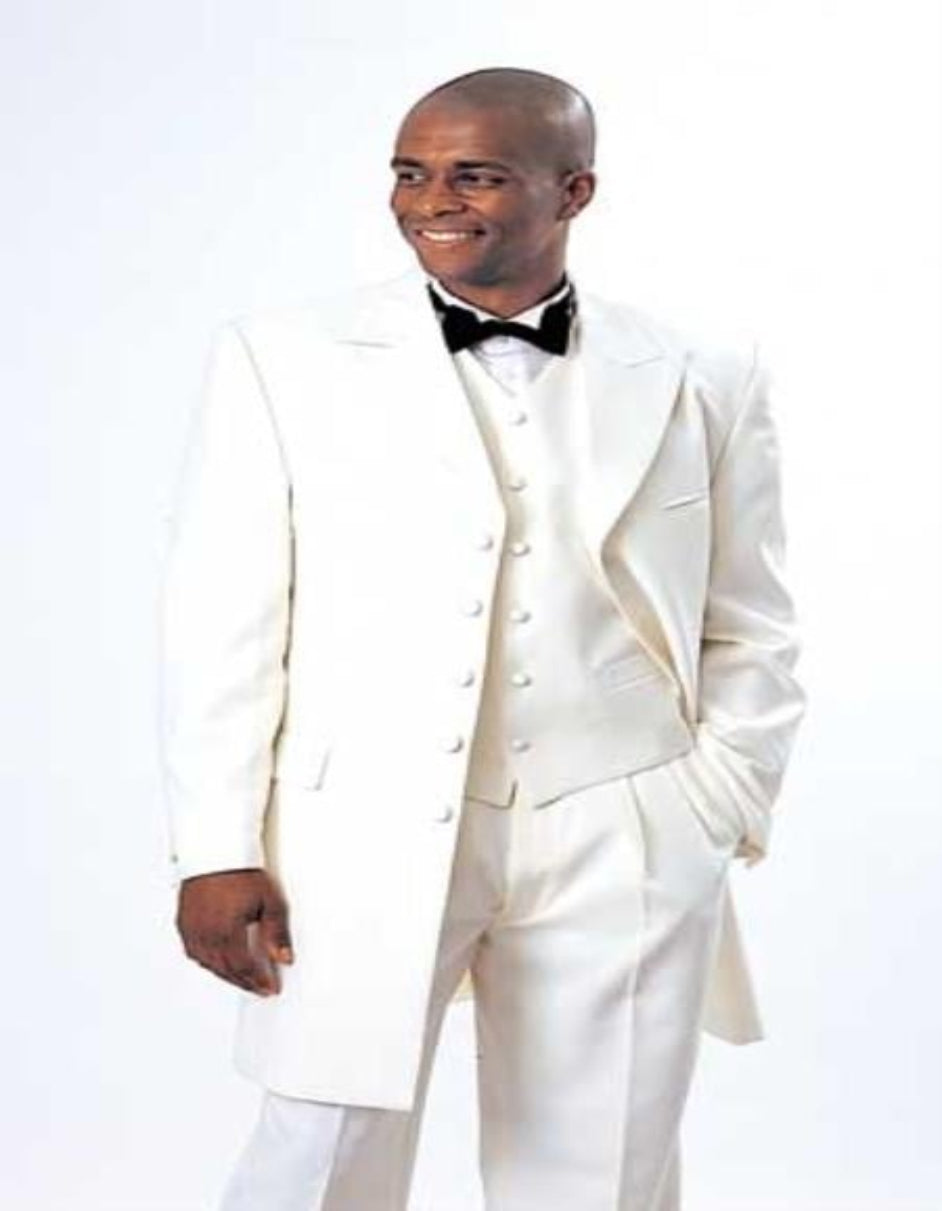 5 Button 3 Piece Vested Long Ivory~Cream~Off White Fashion Zoot Suit 38inch Fashion Tuxedo For Men – SuitUSA