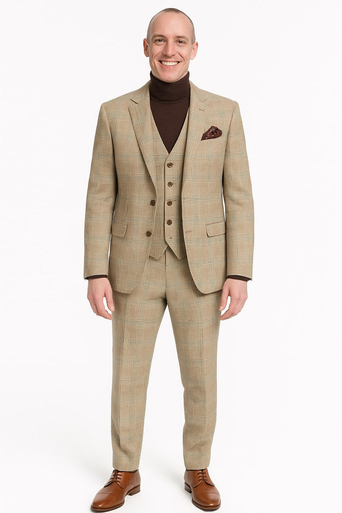 Mens Beige Plaid 3-Piece Suit - Classic Checkered Suit for Weddings, Church Vested Checkered Pattern by USA Men's Outlet