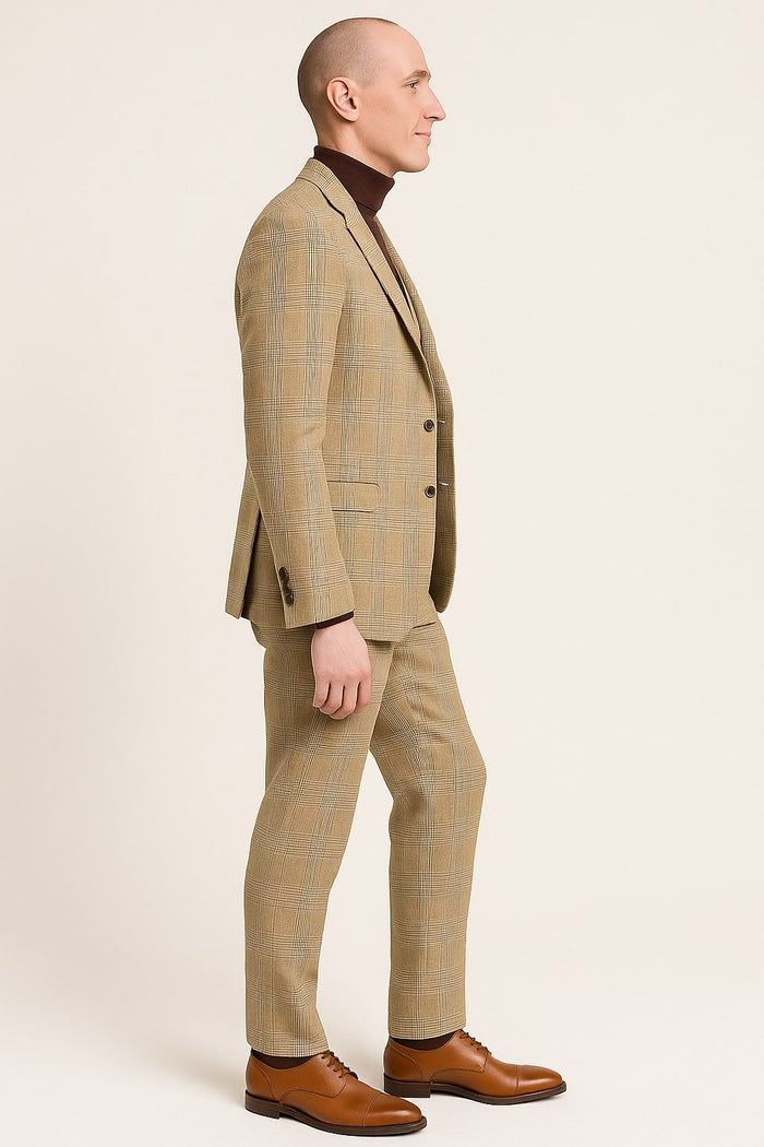 Mens Beige Plaid 3-Piece Suit - Classic Checkered Suit for Weddings, Church Vested Checkered Pattern by USA Men's Outlet