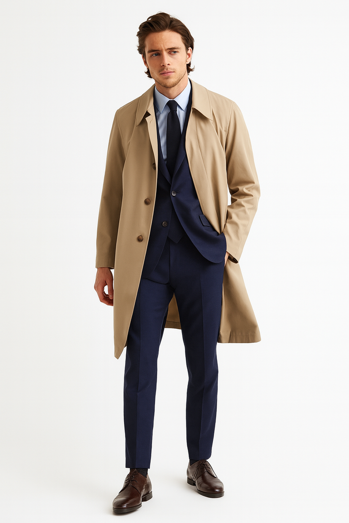 Mens Beige Trench Coat - Classic Long Overcoat with Button Front - Raincoat in Khaki Color by USA Men's Outlet