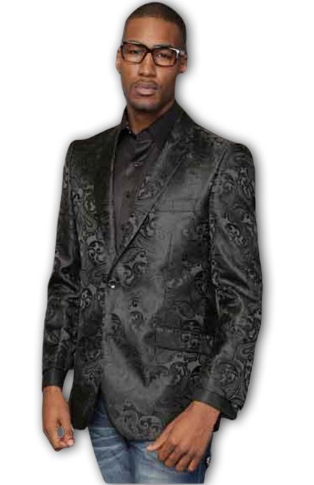 Men's Shiny Paisley Black 2 Button Side Vents Entertainer Jacket mensusa
