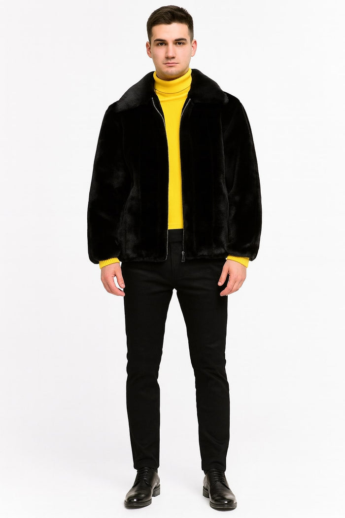 Mens Black Faux Fur Jacket - Luxury Winter Zip-Up Coat with Soft Plush Finish USA Men's Outlet