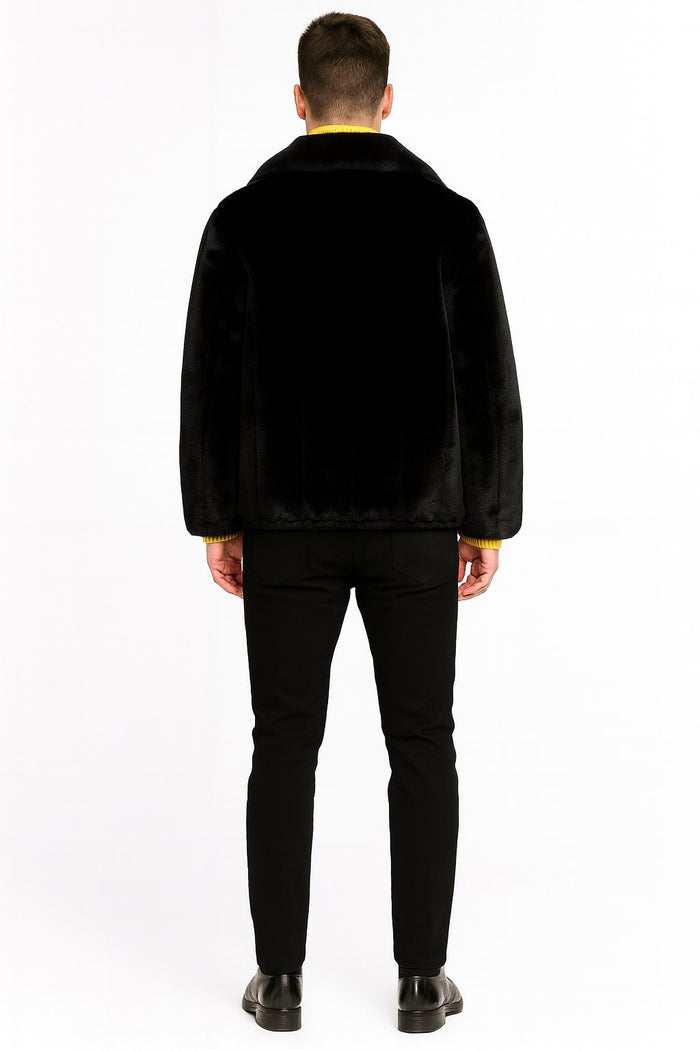 Mens Black Faux Fur Jacket - Luxury Winter Zip-Up Coat with Soft Plush Finish USA Men's Outlet