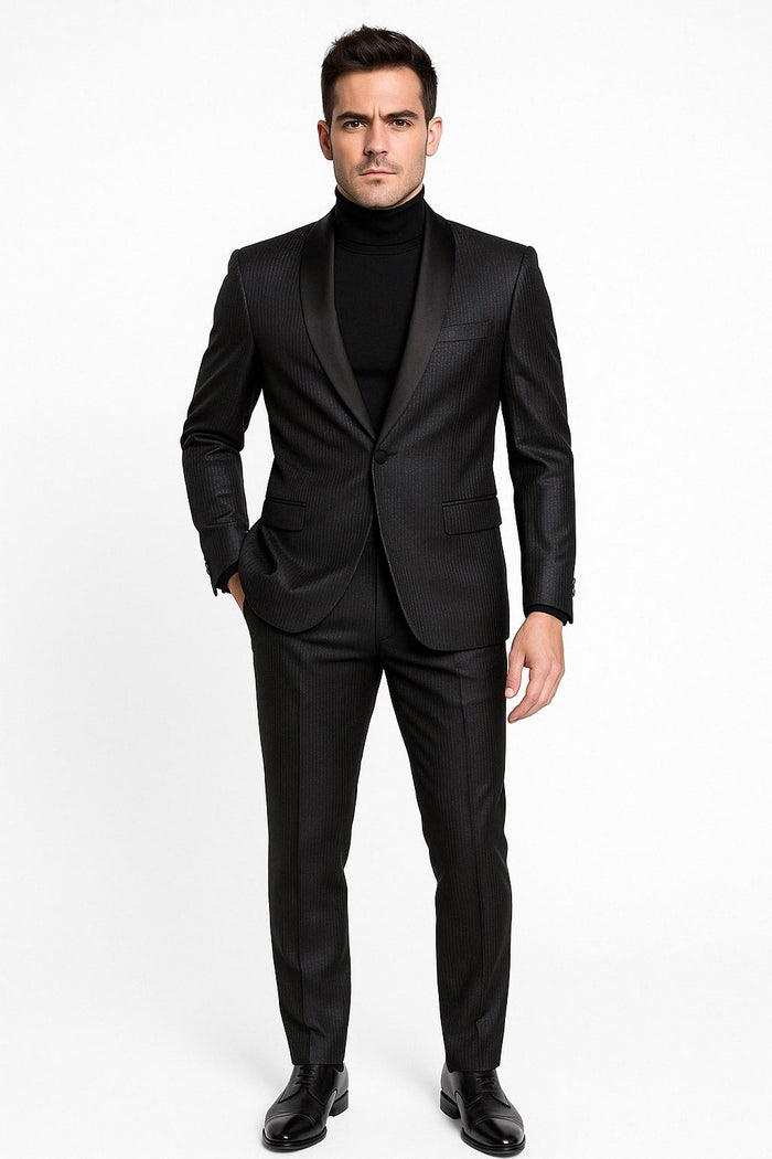 Mens Black Glitter Stripe Tuxedo with Satin Shawl Lapel - Slim Fit Formal Party Suit by USA Men's Outlet