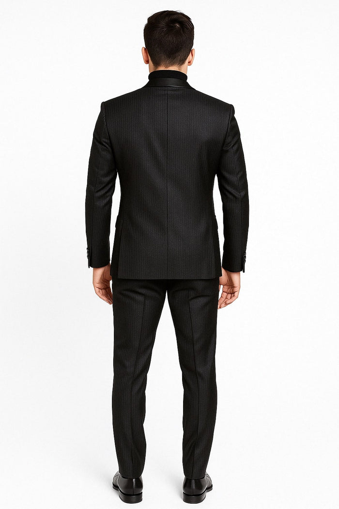 Mens Black Glitter Stripe Tuxedo with Satin Shawl Lapel - Slim Fit Formal Party Suit by USA Men's Outlet
