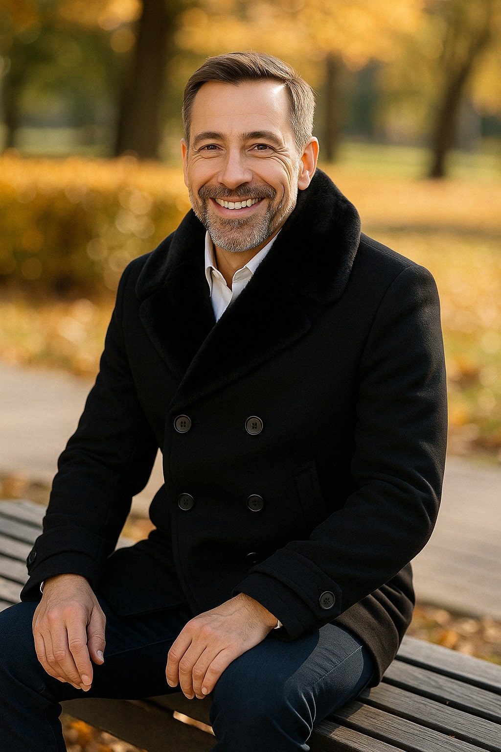 Mens Black Peacoat Wool Overcoat with Faux Fur Shawl Collar - Double-Breasted Winter Peacoat by USA Men's Outlet