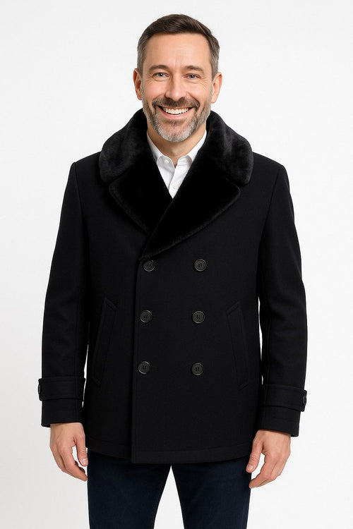Mens Black Peacoat Wool Overcoat with Faux Fur Shawl Collar – Double-Breasted Winter Peacoat