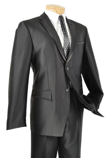 Mens Sharkskin Suits Men's Black Shiny Two Button Fitted Skinny Fit Cheap Priced Business Suits Clearance Sale Men's Sharkskin Suit by Vinci