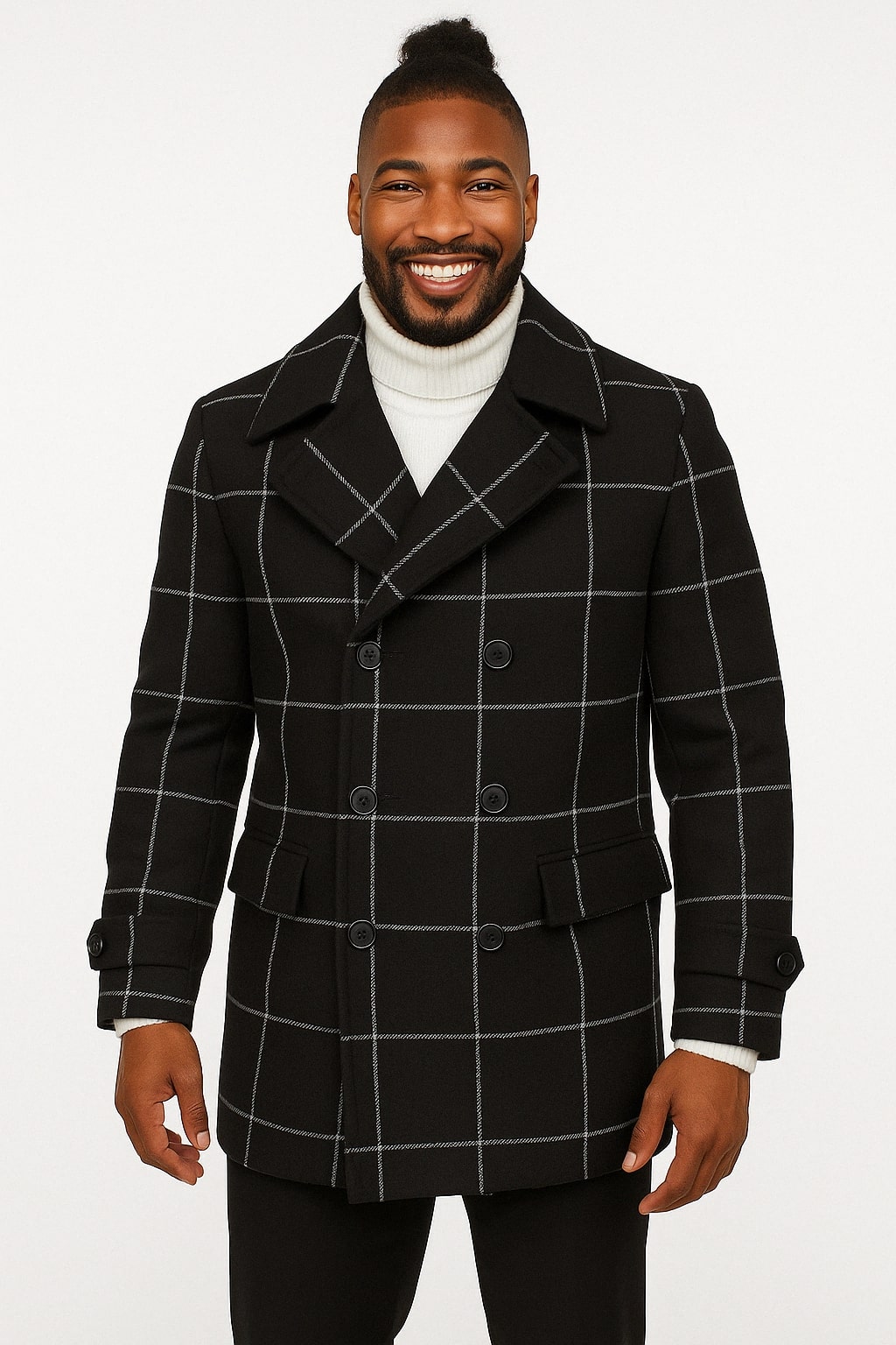 Mens Black Windowpane Check Wool Overcoat – Double-Breasted Winter Peacoat – SuitUSA