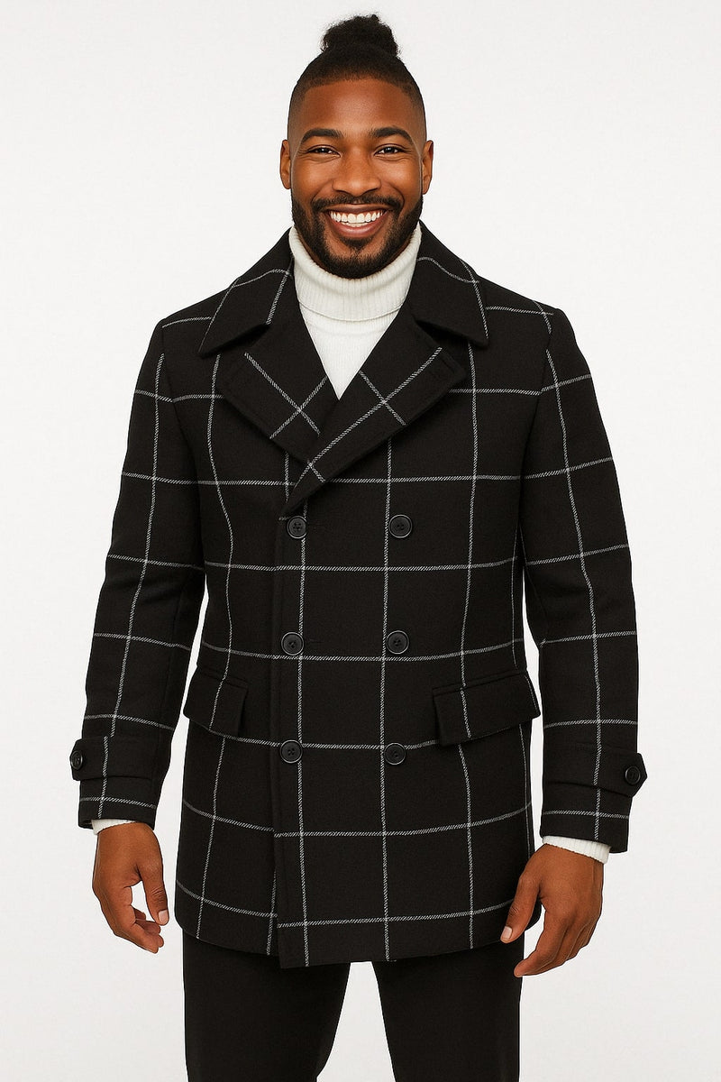 Mens Black Windowpane Check Wool Overcoat – Double-Breasted Winter Peacoat