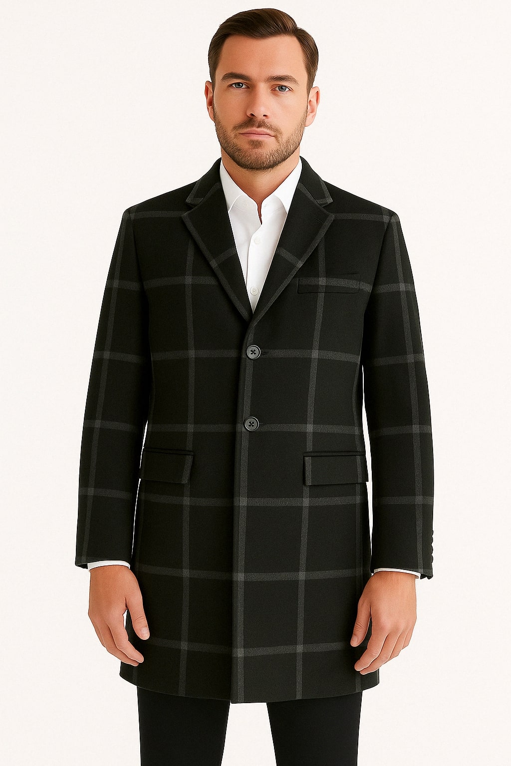Mens Black Windowpane Wool Overcoat - Classic Long Checkered Coat Checkered Plaid Pattern USA Men's Outlet