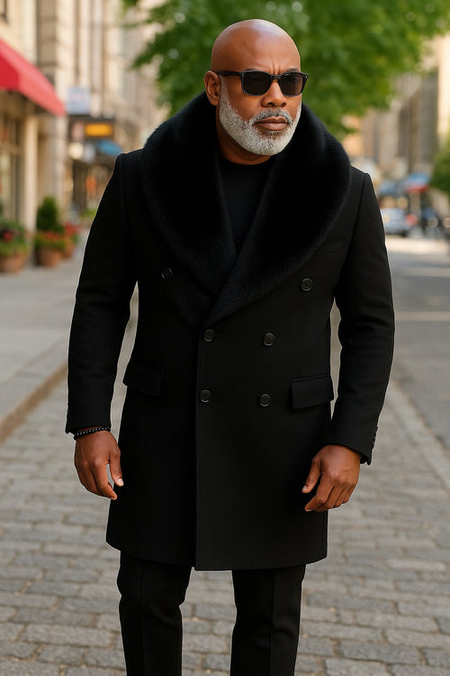 Mens Black Double-Breasted Overcoat with Oversized Faux Fur Collar - Winter Luxury Coat USA Men's Outlet