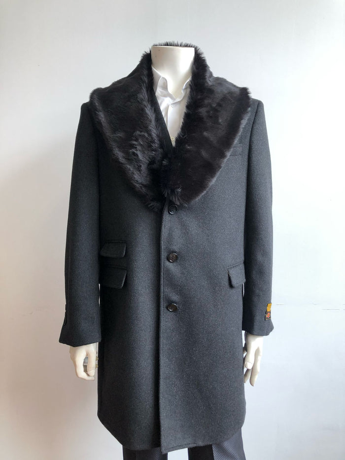 Mens Black Wool Overcoat with Black Faux Fur Collar - Luxury Winter Dress Coat by USA Men's Outlet