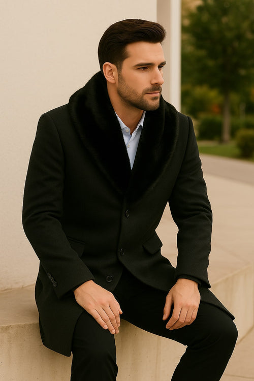 Mens Black Wool Overcoat with Black Faux Fur Collar – Luxury Winter Dress Coat
