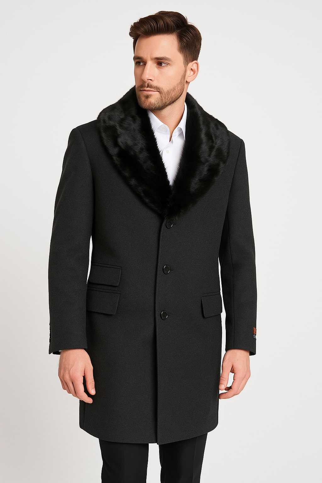 Mens Black Wool Overcoat with Black Faux Fur Collar - Luxury Winter Dress Coat by USA Men's Outlet