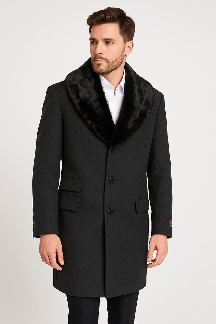 Mens Black Wool Overcoat with Black Faux Fur Collar - Luxury Winter Dress Coat by USA Men's Outlet