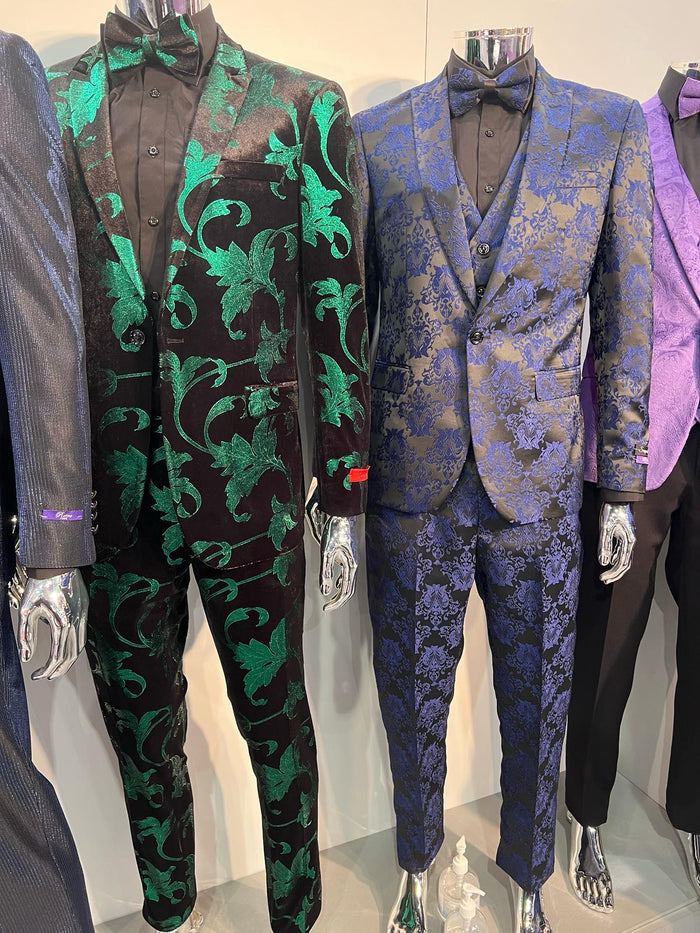 Mens Black and Emerald Green Velvet Floral Tuxedo Suit - Slim Fit 2 Piece Formalwear for Weddings and Events Slim Fitted USA Men's Outlet