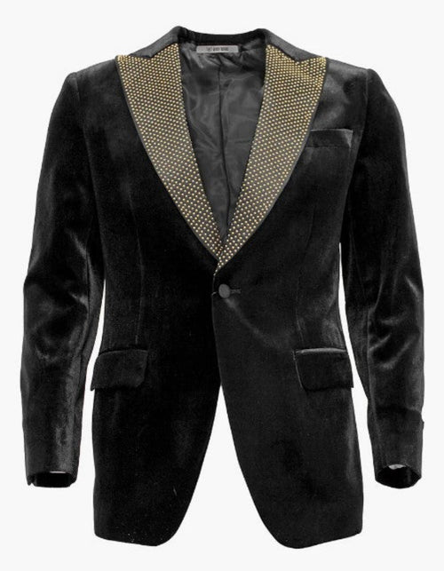 Mens Black and Gold Lapel Tuxedo Dinner Jacket - Black Velvet Blazer Perfect For Prom by Menssuitsatlantain