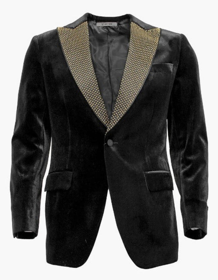 Mens Black and Gold Lapel Tuxedo Dinner Jacket - Black Velvet Blazer Perfect For Prom by Menssuitsatlantain