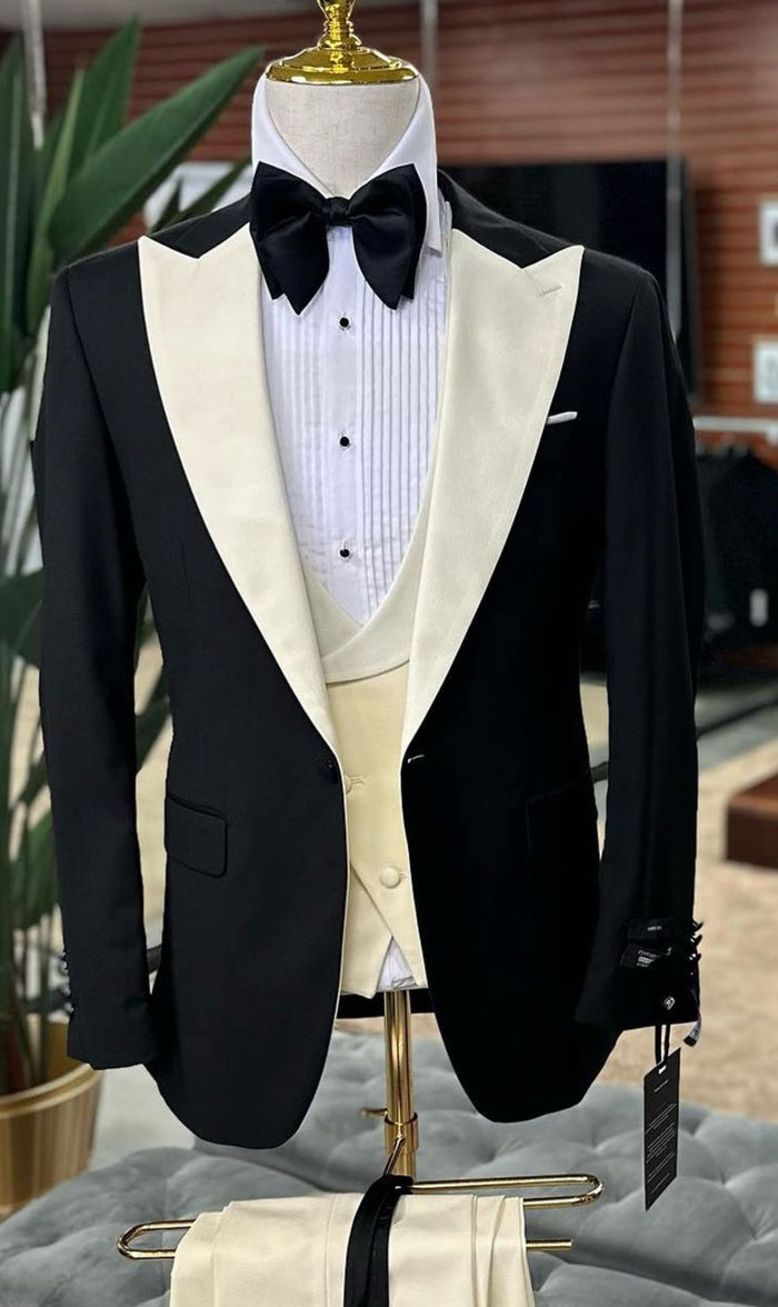 Mens Black and Ivory Tuxedo with Wide Shawl Lapel - 3 Piece Black and off White Lapel ! Vested Suit by USA Men's Outlet