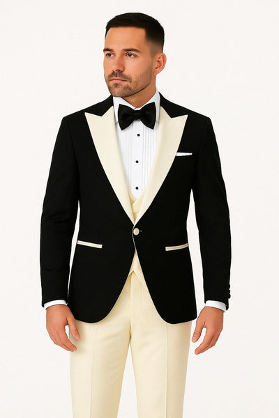 Mens Black and Ivory Tuxedo with Wide Shawl Lapel – 3 Piece Black and off White Lapel ! Vested Suit