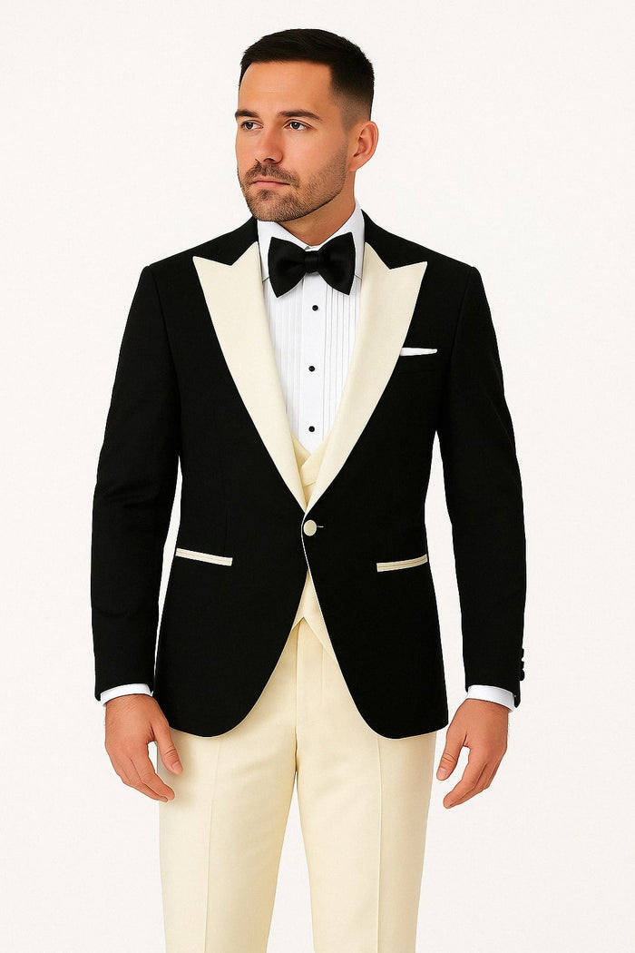 Mens Black and Ivory Tuxedo with Wide Shawl Lapel - 3 Piece Black and off White Lapel ! Vested Suit by USA Men's Outlet