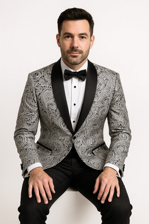 Mens Black and Silver Paisley Tuxedo with Satin Lapel and Bow Tie - Formal Party Suit by USA Men's Outlet