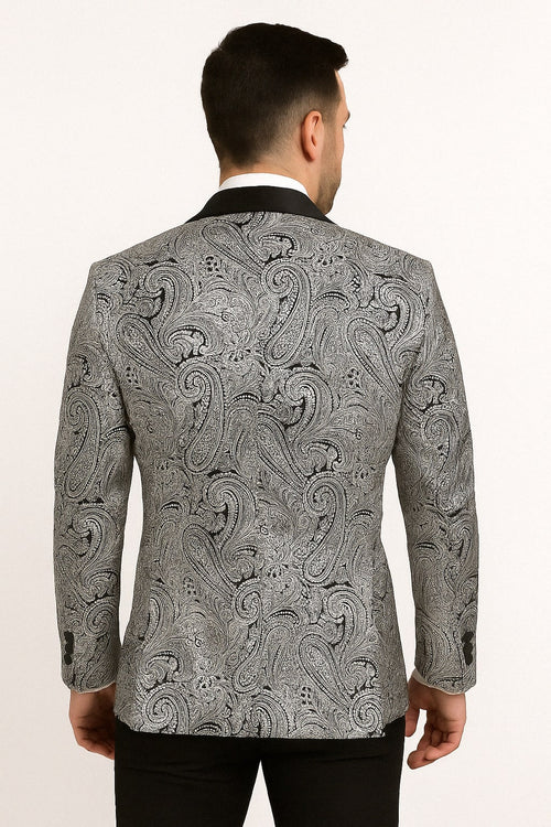 Mens Black and Silver Paisley Tuxedo with Satin Lapel and Bow Tie - Formal Party Suit by USA Men's Outlet