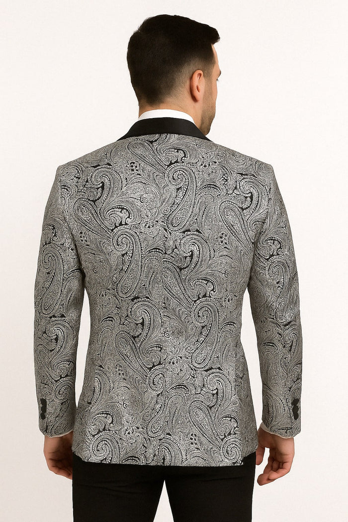 Mens Black and Silver Paisley Tuxedo with Satin Lapel and Bow Tie - Formal Party Suit by USA Men's Outlet