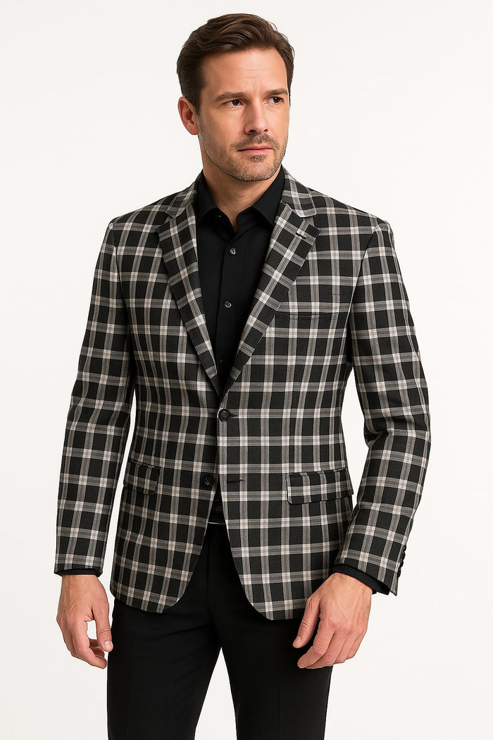Mens Black and White Plaid Blazer - Modern Fit Checkered Windowpane Pattern Business Sport Coat by USA Men's Outlet