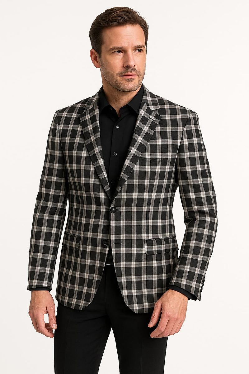 Mens Black and White Plaid Blazer – Modern Fit Checkered Windowpane Pattern Business Sport Coat