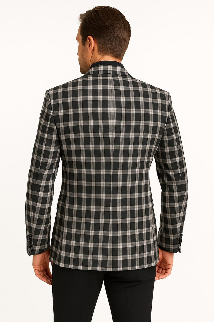 Mens Black and White Plaid Blazer - Modern Fit Checkered Windowpane Pattern Business Sport Coat by USA Men's Outlet